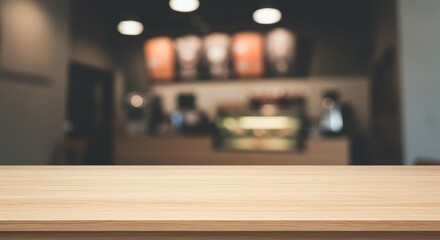 Blurred Cafe Background Photo With Empty Wooden Table