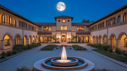 Moonlit courtyard of luxury hotel with fountain: spanish colonial architecture at night ideal for travel hospitality and real estate visuals