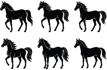 A vector set features black horse silhouettes, wild and farm animals, including a running stallion and pony icons