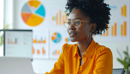 Confident Black Businesswoman Analyzing Data & Charts in Modern Office