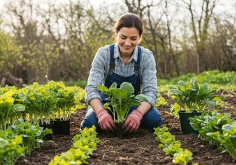 Happy Woman Planting Seedlings in Garden