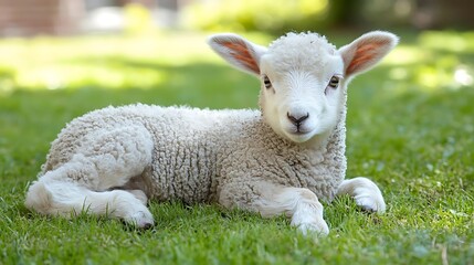Lamb resting, spring meadow, sunny