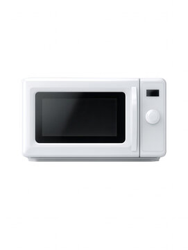 A clean, white microwave oven with a digital display and simple knob is centered on a white background, presenting a minimalistic kitchen appliance image.