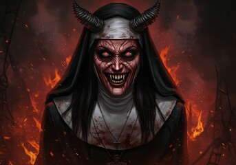 Illustration: Sinister Nun with Devil Horns in Fiery Hell
