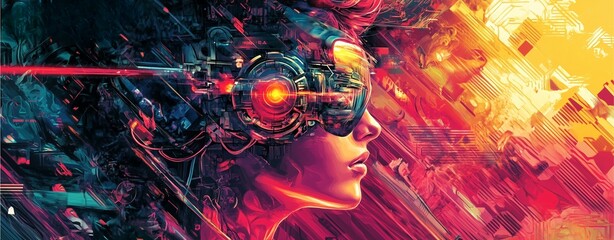 Immersive Reality: A visually striking image showcasing a person immersed in virtual reality, with vibrant colors and futuristic technology, embodying innovation and the digital age.