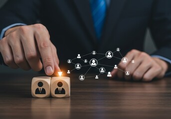 Illustration of Businessman Connecting Two Wooden Blocks With People Icons
