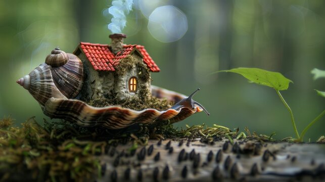 Miniature house on snail shell in forest