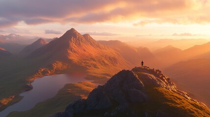 Naklejka premium Golden sunrise atop a mountain peak, a solitary figure.