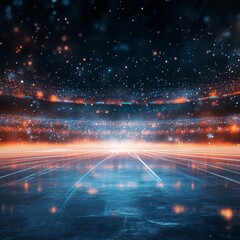 Fototapeta premium Arena of Light: Captivating shot depicts an empty arena bathed in futuristic glowing lights. It evokes the anticipation and excitement of a grand event. 
