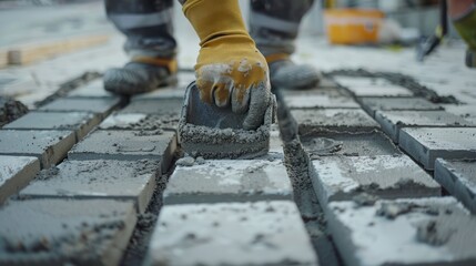 Worker smoothing mortar between paving stones