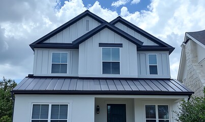 Obraz premium Twostory house with gray siding, black trim and roof under a cloudy sky