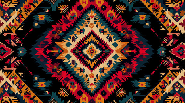 Inti Raymi Festival, Vibrant Ethnic Textile Pattern Geometric Tribal Rug Design Colorful Boho Background Seamless Texture