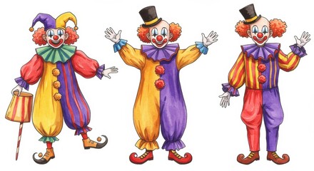 Illustration of Three Colorful Circus Clowns