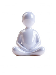 A smooth white faceless figurine is seated in a meditative pose with legs crossed and hands resting peacefully on the knees against an isolated background.