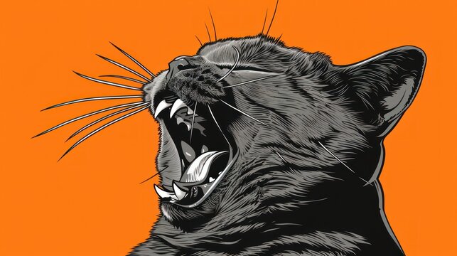 Powerful graphic illustration of a black cat roaring, snarling or yawning with an open mouth, fangs, and tongue, on orange.
