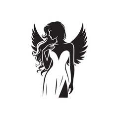 vector silhouette of a beautiful woman like an angel, simple black and white that can be edited