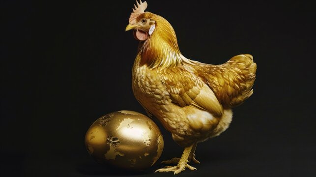 Golden chicken beside golden globe egg