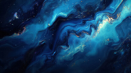 Oil slick-inspired liquid with deep blues and hints of toxic green creating a vibrant and dynamic abstract fluid pattern