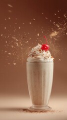 Delicious milkshake with whipped cream and a cherry.