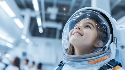 Girl astronaut dreams of space watching a meteor shower future of space exploration with cheerful kid in spacesuit bright background 