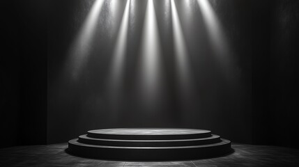 Black abstract stage with dynamic light beams, empty podium for premium product placement display