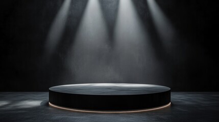 Black abstract stage with dynamic light beams, empty podium for premium product placement display