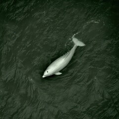 Obraz premium High-angle view of a dolphin swimming in dark water.