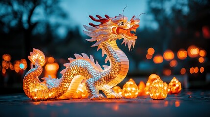 Fototapeta premium Ornate dragon, lit by warm lamps