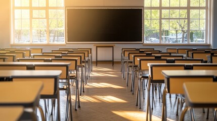 Empty classroom with blackboard and sunlight school desks rows education background for learning concepts and back to school themes perfect for illustrating educational resources