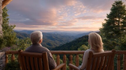 Fototapeta premium Couple Relaxing on Cabin Porch Overlooking Mountain Vista at Sunset