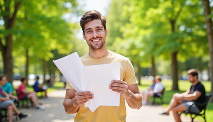 Confident young adult handing out resumes in urban park, summer job search
