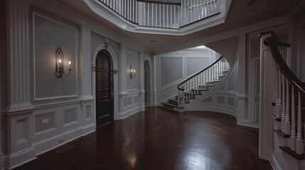 Grand, elegant, winding staircase in spacious foyer