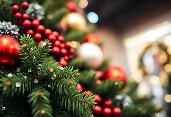 close up of a christmas tree with ornaments