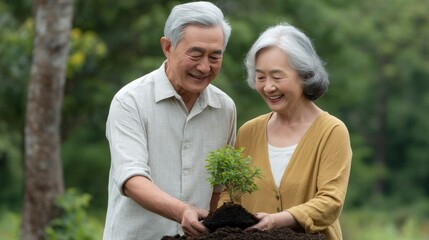Couple Planting New Tree Together in Garden Smiling