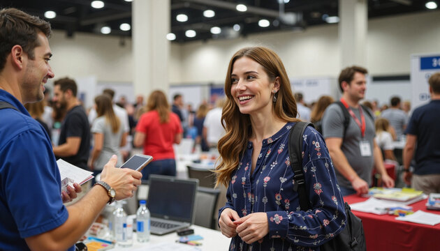 Young entrepreneur networking at summer job fair, professional growth
