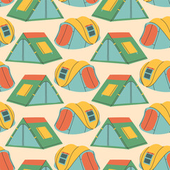 Camping tent seamless pattern on beige background. Summer camp pattern design in hand drawn flat style for scrapbooking, textile, wrapping, banner