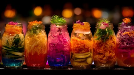 of fermented foods like kimchi and pickles in glass jars on kitchen shelf
