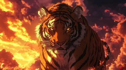 tiger with a crown of floating stones standing in still silence