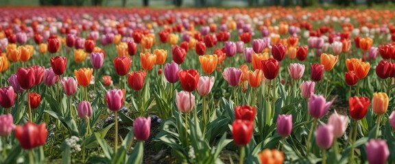 Tulips in various colors blooming on a wild flower meadow, vibrant, meadow