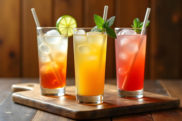 Charming Trio of Refreshing Soft Drinks, A Captivating Still Life of Colorful Beverages, Ice Cubes, and Garnishes on a Wooden Surface
