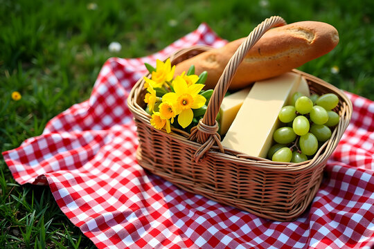 Charming top-down photograph showcasing a delightful wicker picnic basket filled with baguette, cheese, grapes and daffodils on checkered cloth