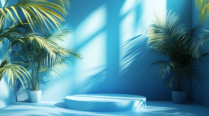 Obraz premium Summer ambiance gradient blue studio with palm leaf shadows and 3D copy space