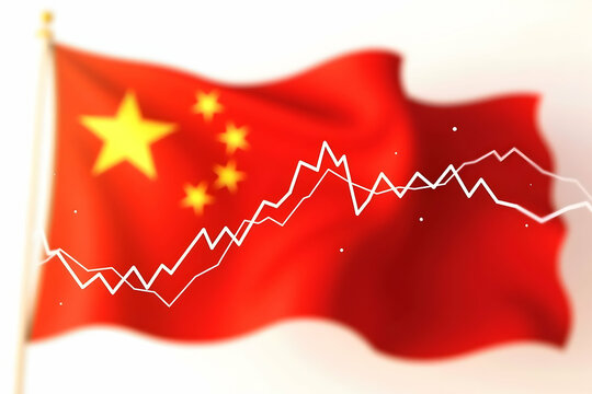 China's Economic Fluctuations, A Visual Representation of Market Trends Overlaid on the National Flag Depicting Financial Dynamics and Economic Activity