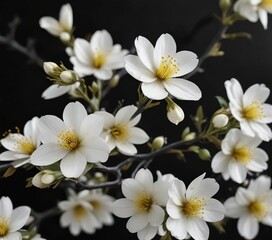 Fototapeta premium Unique perspective of white and yellow blossom on black backdrop, magical, freshness, ethereal, romantic