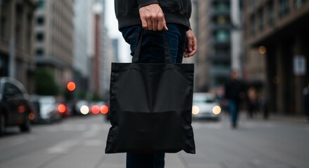 Photo Man Holds Black Tote Bag Walking City Street