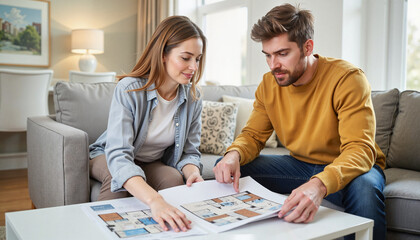 Young couple discussing apartment floor plan in modern living room, apartment hunting