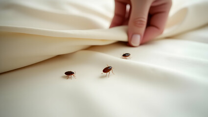 Obraz premium Close-up of bed bugs crawling on a clean white sheet with a hand lifting the fabric, conceptual image for pest control or hygiene issues in a residential setting