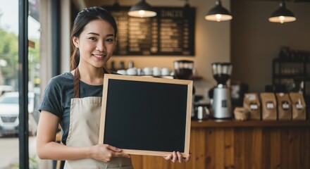 Photo of a Cafe Owner Holding Blank Chalkboard Sign