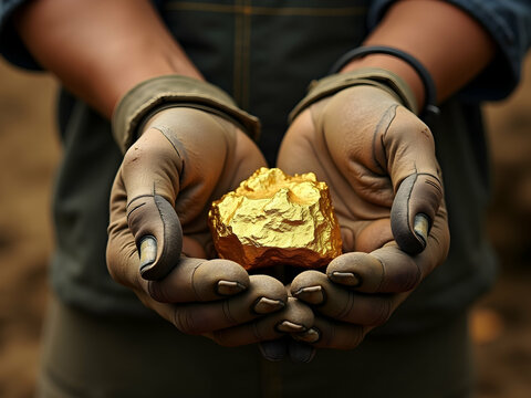 Close-up of weathered gloves holding a gleaming golden nugget, symbolizing discovery, fortune, and the enduring allure of precious metals and rewarding hard work