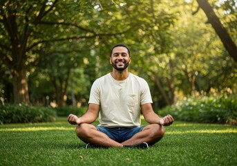 Fototapeta premium Photo of a Man Meditating in a Park